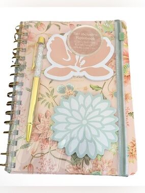 Floral Spiral Notebook with Sticky Notes, Pen & Zipper Case New